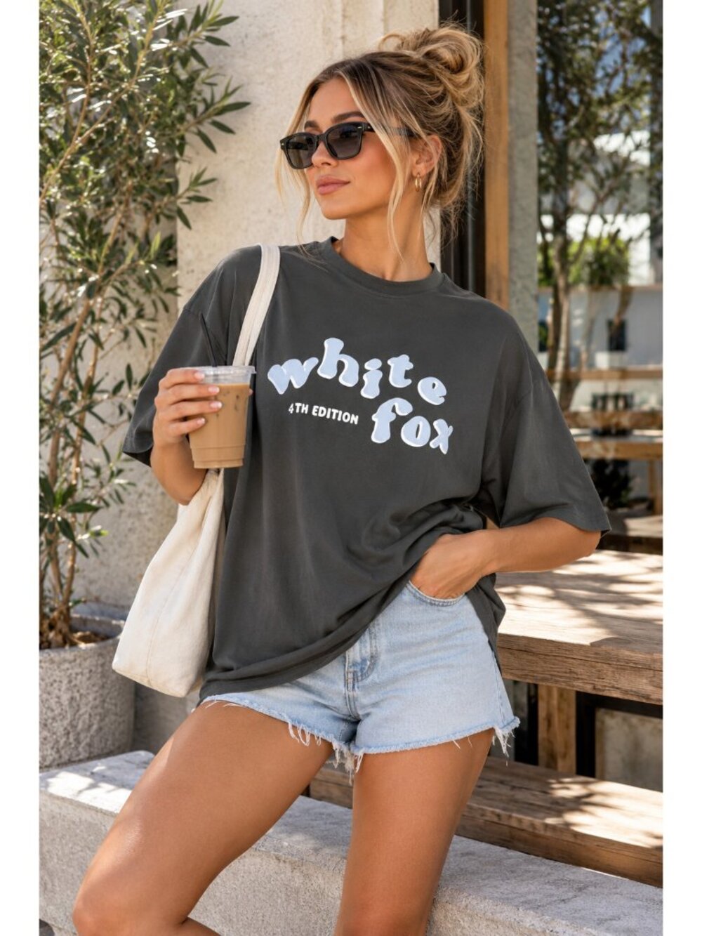 White Fox Oversized Tee Storm Grey Puff Print Crew Neck Short Sleeve Cotton L/XL
